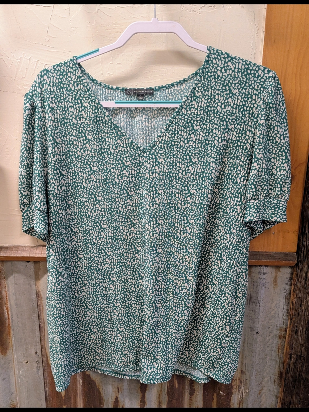 Adrianna Papell Teal and White Printed V-Neck Blouse